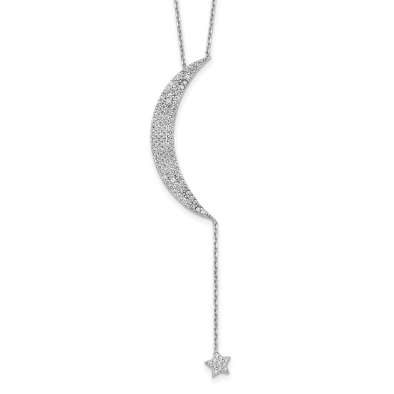 Auriga 925 Sterling Silver Rhod-plated CZ Moon and Star w/2in Extender Necklace for Women 16"