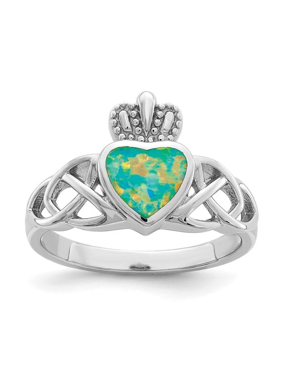 925 Sterling Silver Rhod-plated Lab Created Opal Celtic Knot Crown Ring for Women Size- 7