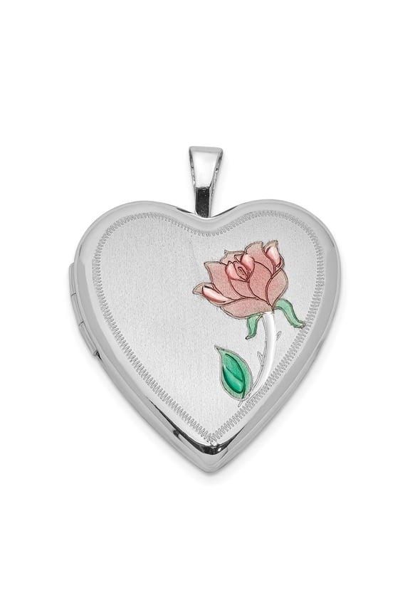 925 Sterling Silver Rhod-plated Satin 20mm Enameled Rose Heart Locket (L-25.15mm, W-19.55mm) for Women
