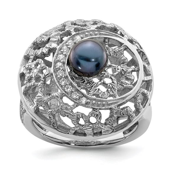 Auriga Fine Jewelry 925 Sterling Silver Rh-pltd Filigree Pattern CZ Accented Black FWC Pearl Round Ring for Women Size 7