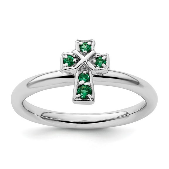Auriga 925 Sterling Silver Rhodium Created Emerald Cross Ring for Women Size- 6