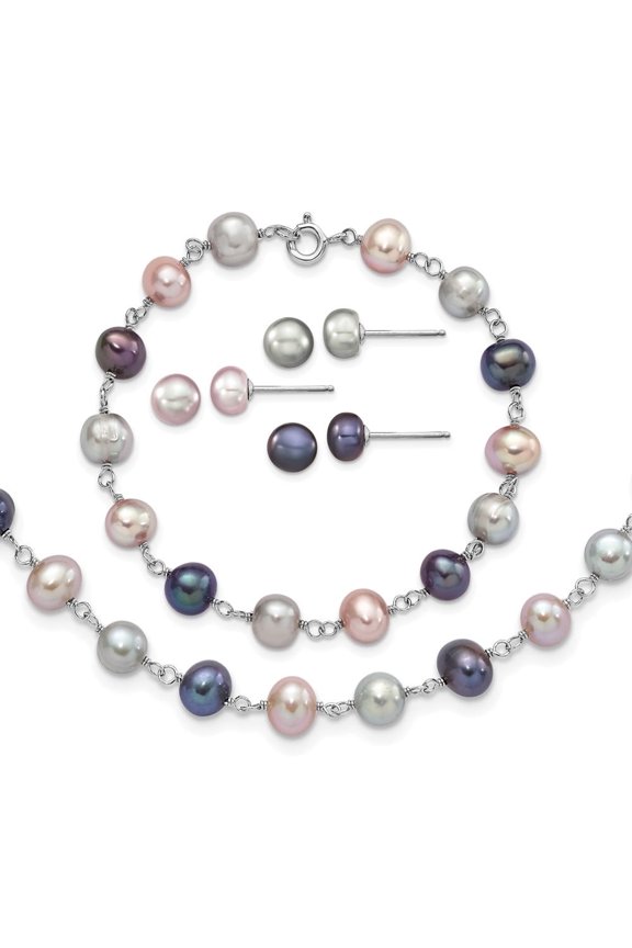 925 Sterling Silver Rhodium Grey Pink Black Freshwater Cultured Pearl Neck 7.25 Brace 3pc Earring for Women 18"