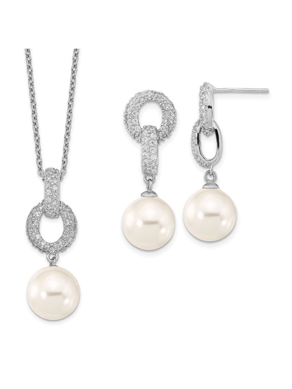 925 Sterling Silver Rhodium-Plated 10-11 mm White Imitation Shell Pearl and Cubic Zirconia Earrings and Spring Ring Clasp Necklace Set for Women 17"