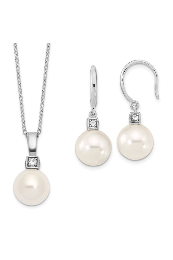 Fine Jewelry 925 Sterling Silver Rhodium-Plated 10-11 mm White Imitation Shell Pearl and Cubic Zirconia Earrings and Spring Ring Clasp Necklace Set for Women 17"