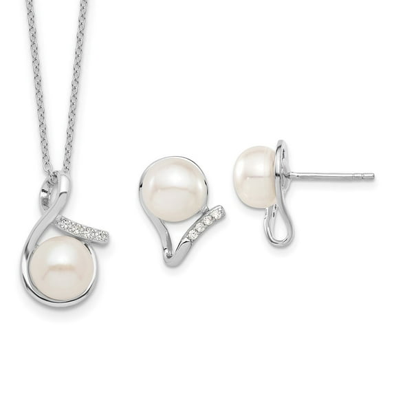 Auriga 925 Sterling Silver Rhodium-Plated 8-10 mm Freshwater Cultured Pearl Cubic Zirconia Earring Necklace Set for Women 17"