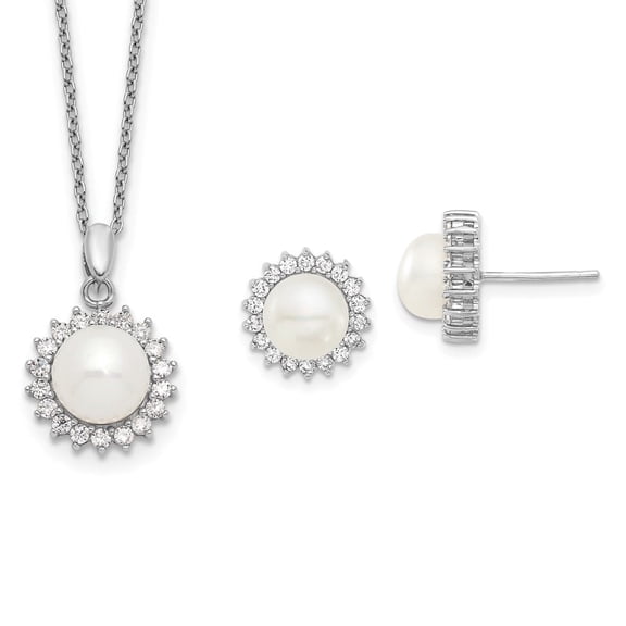 Auriga Fine Jewelry 925 Sterling Silver Rhodium-Plated 8-9 mm Freshwater Cultured Pearl Cubic Zirconia Earring Necklace Set for Women 17"