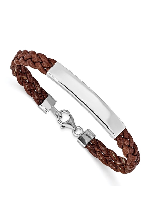 Fine Jewelry 925 Sterling Silver Rhodium Plated Brown Braided Leather Bracelet 7 inch for Women