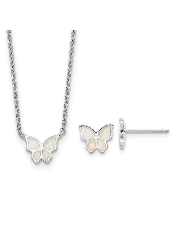 925 Sterling Silver Rhodium-Plated Created Opal Butterfly Necklace With 2in ext Earring Set for Women 16"