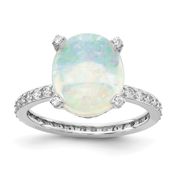 Auriga 925 Sterling Silver Rhodium Plated Cubic Zirconia & Created White Opal Ring Size 7 for Women