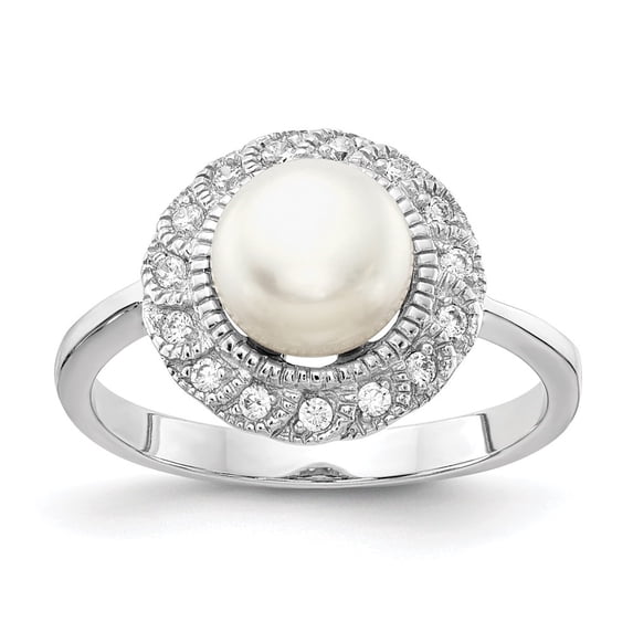 Auriga Fine Jewelry 925 Sterling Silver Rhodium Plated Cubic Zirconia & White FWC Pearl Ring Size 7 for Women
