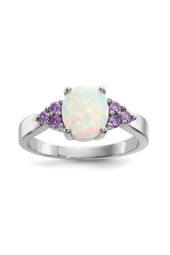 Fine Jewelry 925 Sterling Silver Rhodium Plated Oval Created Opal Purple CZ Ring Size 7 for Women