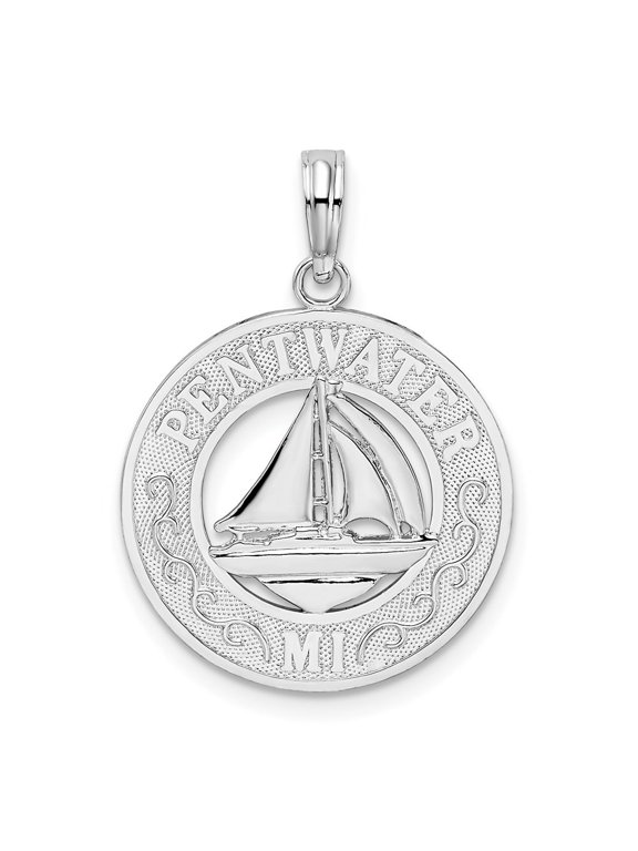 925 Sterling Silver Rhodium-Plated Pentwater Michigan Circle with Sailboat Pendant (L-25.53 mm)