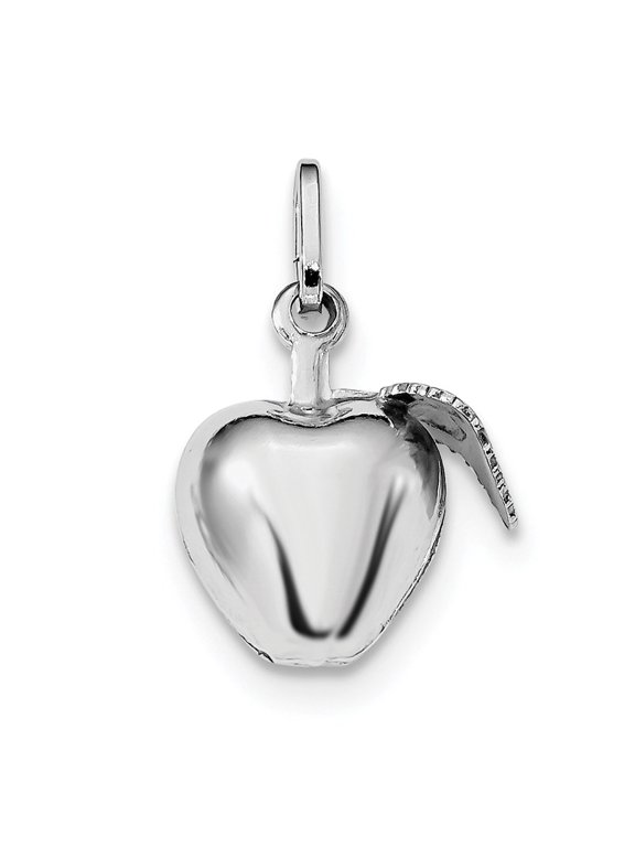 925 Sterling Silver Rhodium Plated Polished Puffed Apple w/ Leaf Charm (L-25mm, W-16mm)