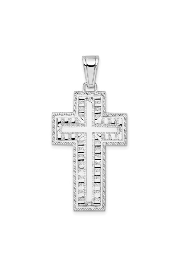 Fine Jewelry 925 Sterling Silver Rhodium-Plated Rope Edge Latin Cross Pendant for Women