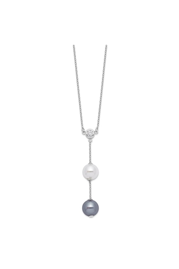 925 Sterling Silver Rhodium-plated 10-11 mm White and Grey Imitation Shell Pearl and CZ Spring Ring Clasp Necklace for Women 17"