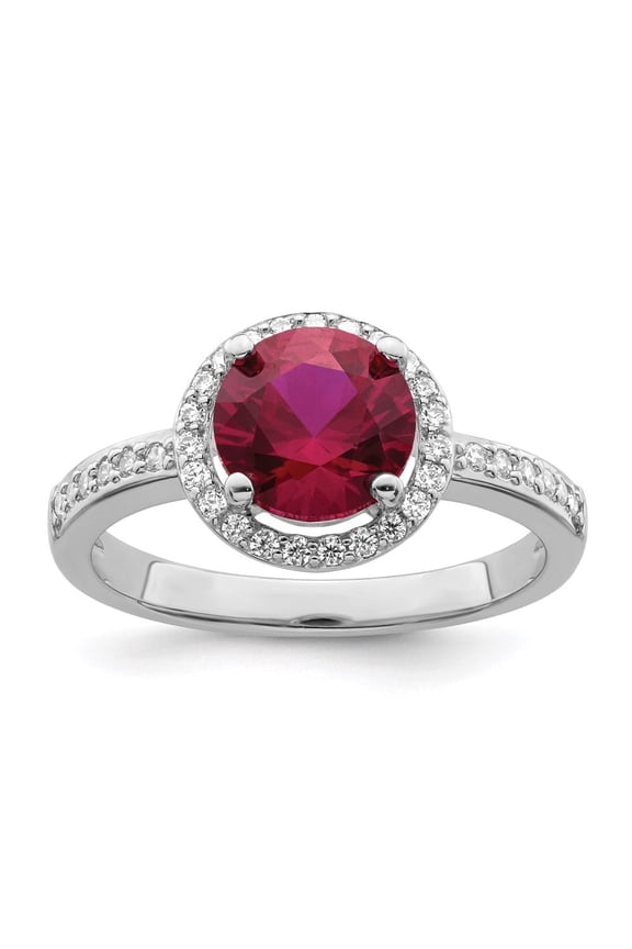 Fine Jewelry 925 Sterling Silver Rhodium-plated 35 Stone Red Corundum and CZ Halo Ring for Women Size 8