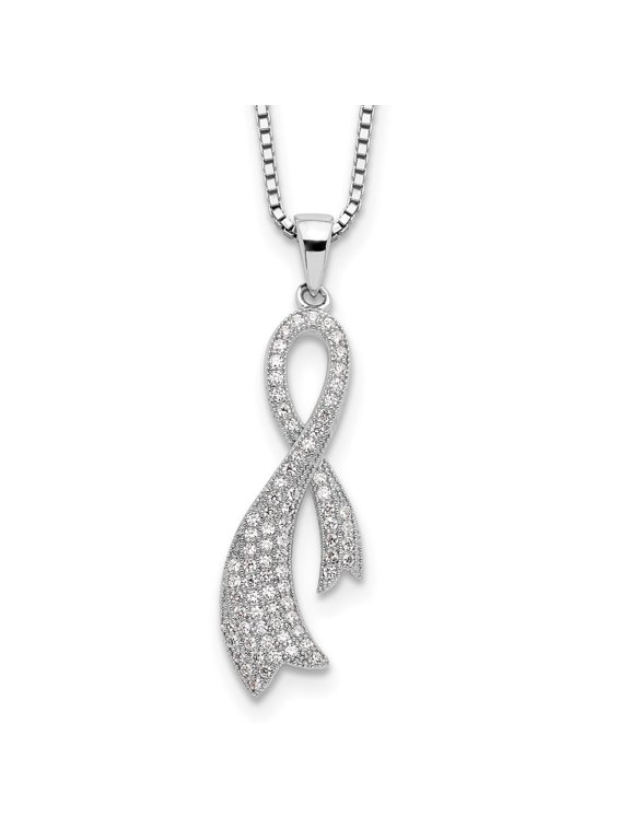 925 Sterling Silver Rhodium-plated 78 Stone Micro Pav CZ Ribbon Necklace with 2 Inch Extender for Women 18"
