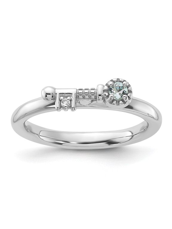 925 Sterling Silver Rhodium-plated Aquamarine and White Topaz Key Ring for Women Size- 10