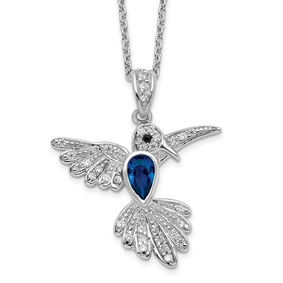 Auriga 925 Sterling Silver Lab Created Dark Blue Spinel and White CZ Hummingbird Necklace for Women 18"
