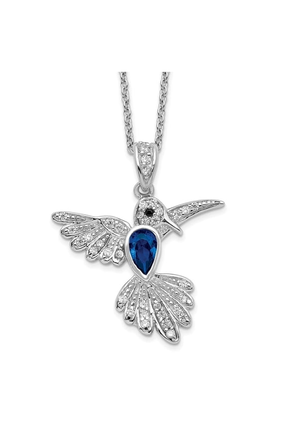 925 Sterling Silver Lab Created Dark Blue Spinel and White CZ Hummingbird Necklace for Women 18"
