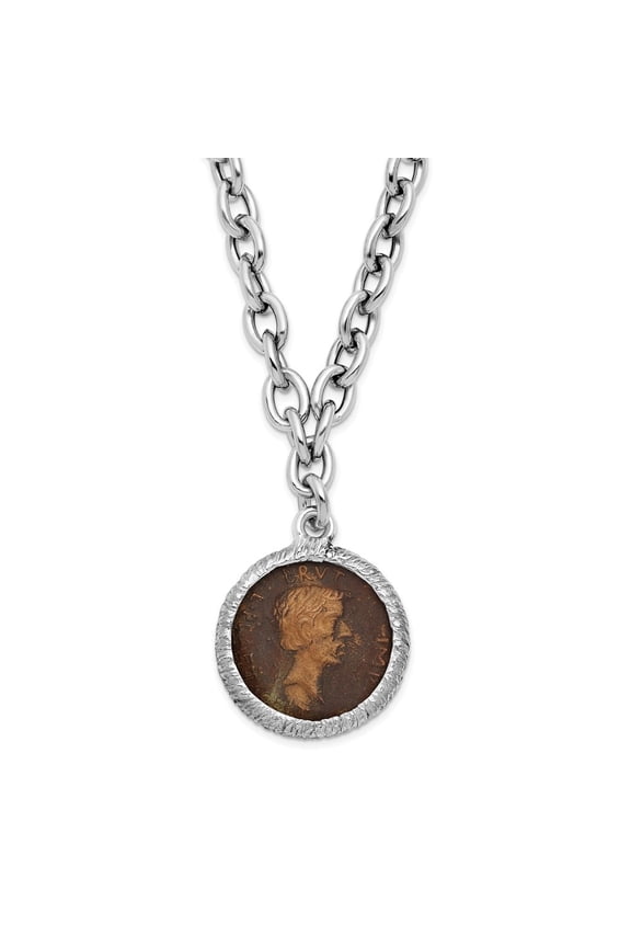 925 Sterling Silver Rhodium-plated Bronze Roman Coin Necklace for Women 18"