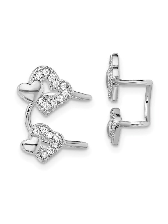 925 Sterling Silver Rhodium-plated CZ Hearts Left Cuff Earring (L- 15mm, W- 10mm) for Women