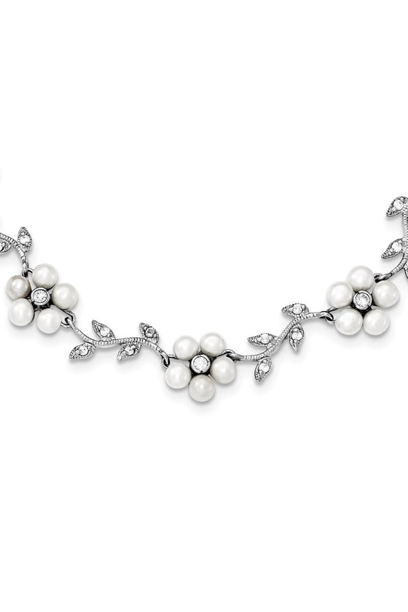 925 Sterling Silver Rhodium-plated CZ Vine Pattern and Freshwater Cultured Pearl Floral Necklace for Women 16"