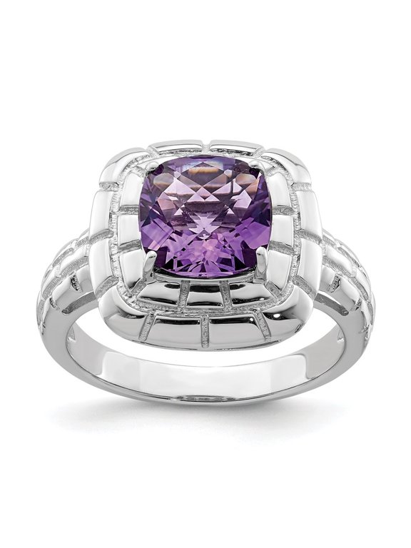925 Sterling Silver Rhodium-plated Checker-Cut Amethyst Ring for Women Size- 7