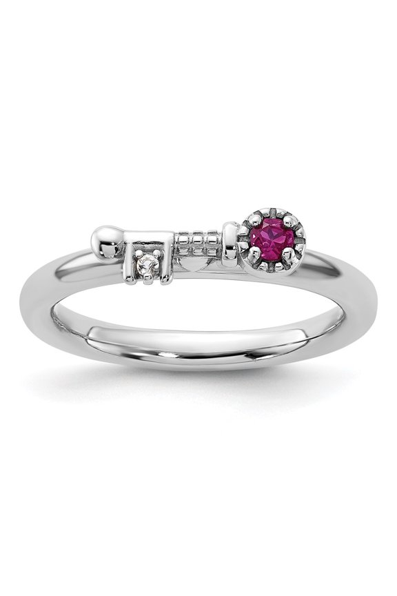 925 Sterling Silver Rhodium-plated Created Ruby and White Topaz Key Ring for Women Size- 9