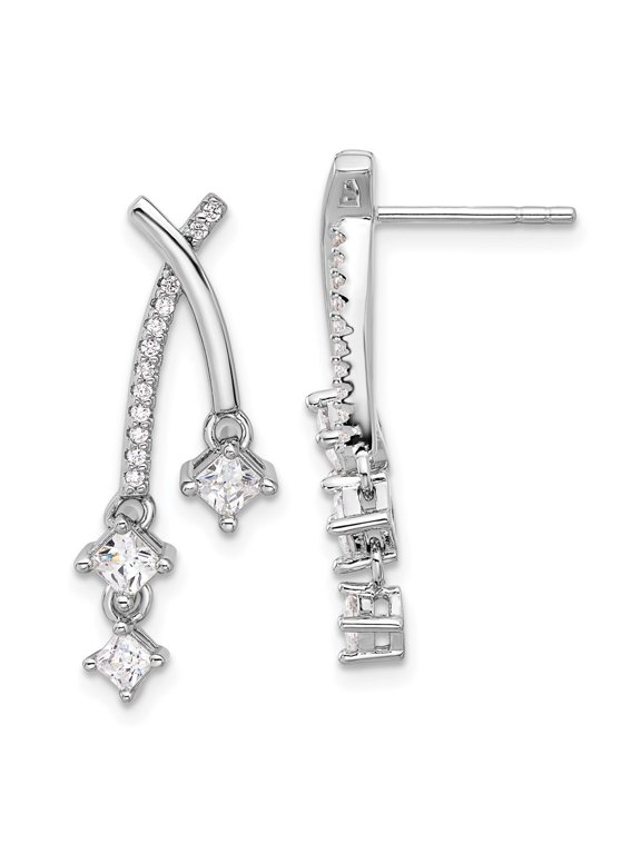 925 Sterling Silver Rhodium-plated Fancy Cubic Zirconia Dangle Post Earrings for Women