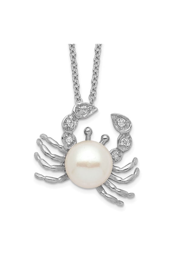 925 Sterling Silver Rhodium-plated Freshwater Cultured Pearl and Brilliant-cut CZ Crab Necklace for Women 18"