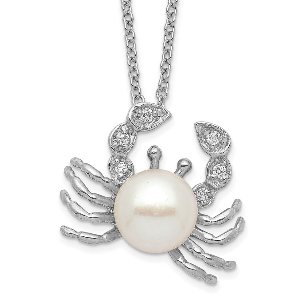 AURIGA 925 Sterling Silver Rhodium-plated Freshwater Cultured Pearl and Brilliant-cut CZ Crab Necklace for Women 18"