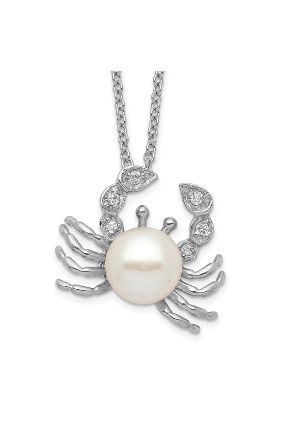 925 Sterling Silver Rhodium-plated Freshwater Cultured Pearl and Brilliant-cut CZ Crab Necklace for Women 18"