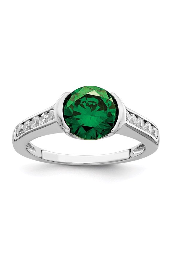 Fine Jewelry 925 Sterling Silver Rhodium-plated Green and White Bezel CZ Ring for Women Size 8