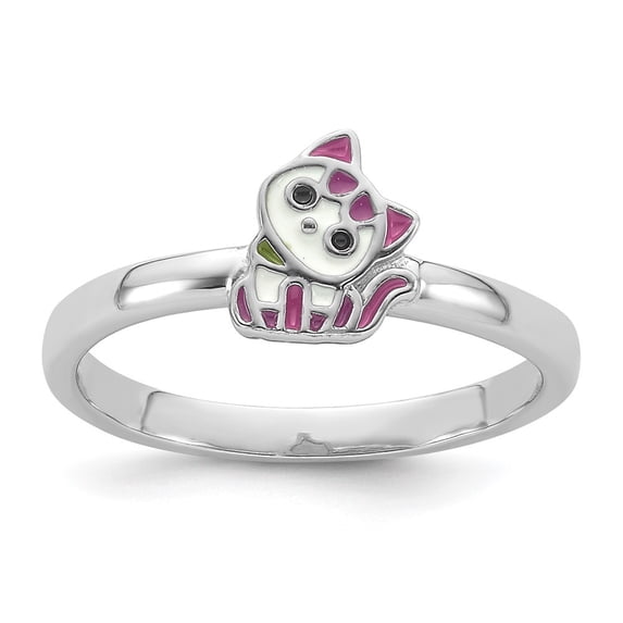 Auriga 925 Sterling Silver Rhodium-plated Multi-color Enameled Cat Ring for Women Size- 3