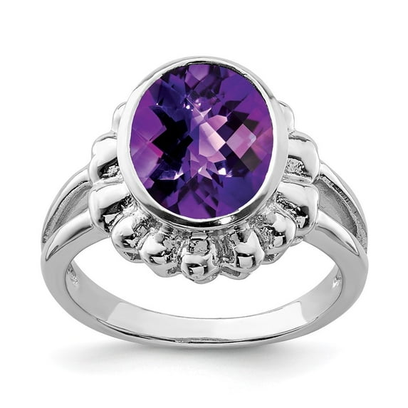 Auriga 925 Sterling Silver Rhodium-plated Oval Checker-Cut Amethyst Ring for Women Size- 7