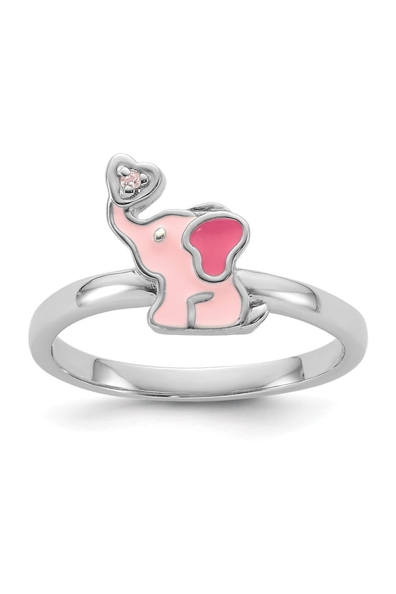 925 Sterling Silver Rhodium-plated Pink Enamel & CZ Elephant Ring for Women Size- 4
