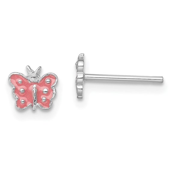 Auriga 925 Sterling Silver Rhodium-plated Pink Enameled Butterfly 's Stud Earrings for Women(L- 6mm, W- 7mm)