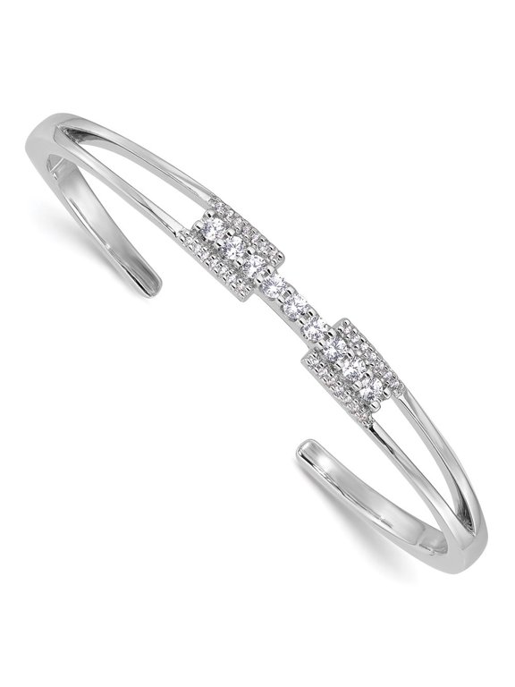 925 Sterling Silver Rhodium-plated Polished CZ Cuff with Hinge Bangle Bracelet for Women