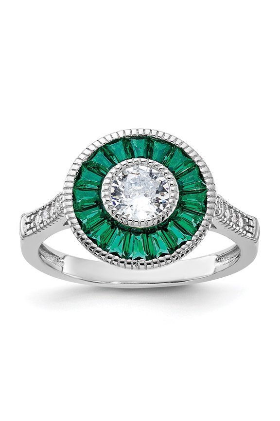 925 Sterling Silver Rhodium-plated Synthetic Green Spinel and CZ Ring for Women Size- 8