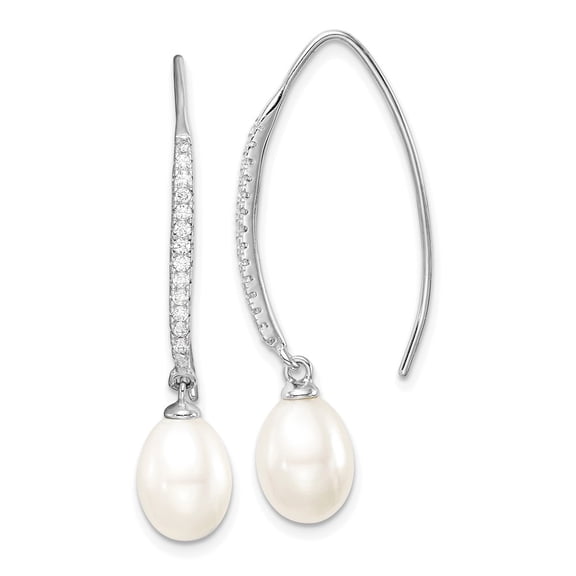 Auriga 925 Sterling Silver Rhodium-plated White FWC Pearl and CZ Threader Dangle Earrings for Women