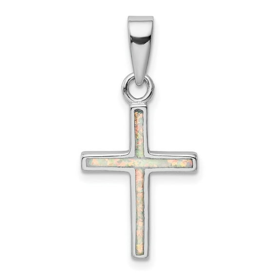 Auriga 925 Sterling Silver Rhodium-plated White Lab Created Opal Cross Pendant (L-24 mm, W-14.2 mm)