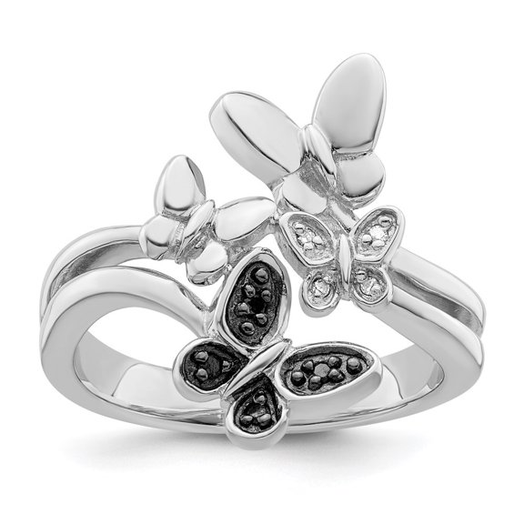 Auriga 925 Sterling Silver Rhodium-plated White and Black Diamond Butterfly Ring for Women Size- 8