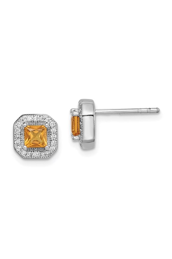 Fine Jewelry 925 Sterling Silver Square Dark Yellow and Cubic Zirconia Halo Stud Earrings for Women