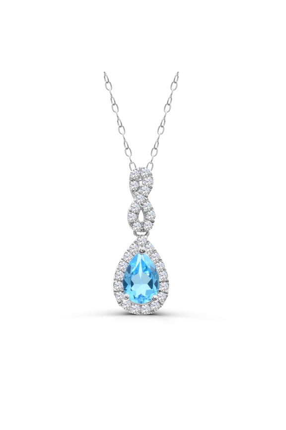 925 Sterling Silver Swiss Blue Topaz with White Zircon Pendant Necklace 18" for Women