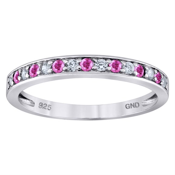 Auriga 925 Sterling Silver White Pink CZ Semi Eternity Stackable Wedding Band Ring Size 7 for Women