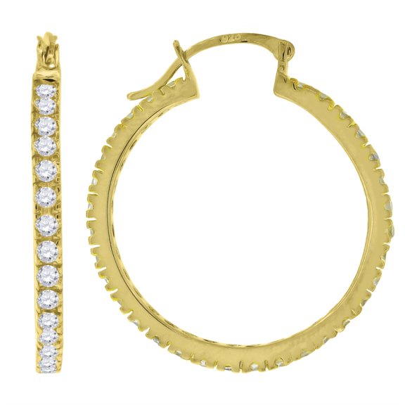 Auriga 925 Sterling Silver Yellow-Tone CZ Single Row Migraine Huggie Hoop Earrings for Women