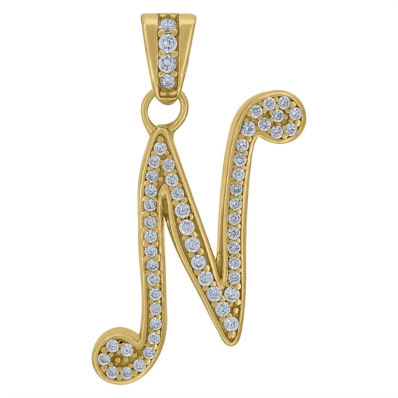 Auriga 925 Sterling Silver Yellow-Tone Cubic Zirconia Initial Letter N Charm Pendant for Women