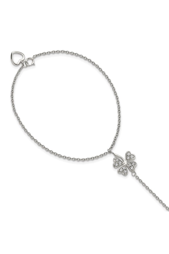Fine Jewelry 925 Sterling Silver Zirconia Four Leaf Clover Attached Ring Bracelet 7inch for Women