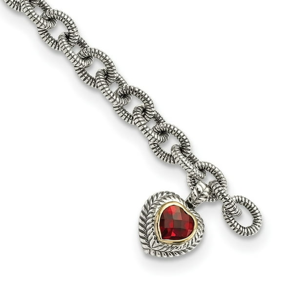 Auriga Fine Jewelry 925 Sterling Silver and Gold Garnet Heart Link Bracelet 7.5" for Women